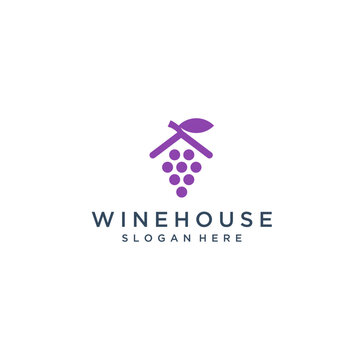 logo design of house wine or winery or wine with house roof and leaves