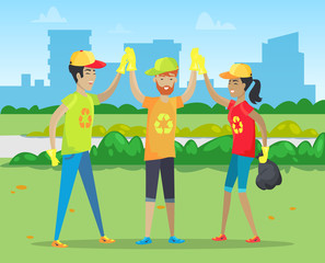 People cleaning urban park from garbage. Three persons happy to help environment be cleanliness vector. Nature and landscape more beautiful on lawn now