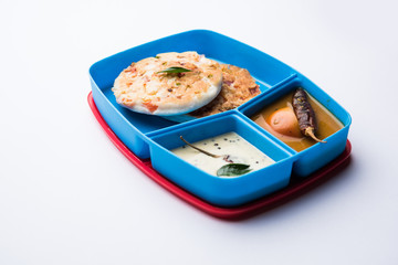 uttapam / uthappam sambar chutney in lunch box or tiffin