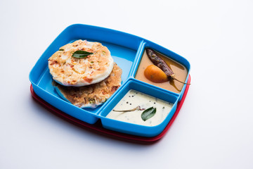 uttapam / uthappam sambar chutney in lunch box or tiffin