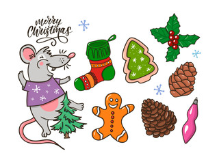 Fototapeta premium Merry Christmas traditional symbols in doodle style isolated on white background. Vector illustration of New Year attributes gingerbread Rat Christmas tree etc. Happy New Year sketches.