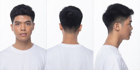 Collage pack group of Asian Teenager man before make up hair style. no retouch, fresh face with nice and smooth skin. rear side back view Studio lighting white background isolated 360