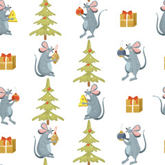Merry Christmas and Happy New Year background. Seamless pattern with rats, tree and gift. Texture for textile, postcard, wrapping paper, packaging etc. Vector illustration.
