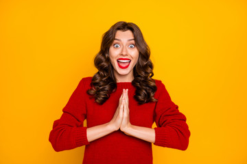 Photo of charming curly attractive cute nice pretty trendy girlfriend astonished with something...