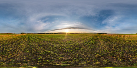 full seamless spherical hdri panorama 360 degrees angle view on among fields in autumn evening sunset with awesome clouds in equirectangular projection, ready for VR AR virtual reality