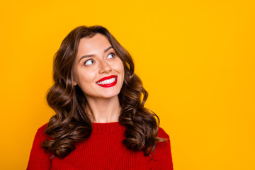 Photo of charming cute cheerful nice attractive beautiful girlfriend looking up wearing red sweater isolated over yellow vivid color background