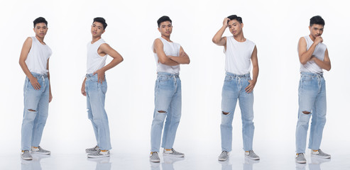 Obraz premium Collage pack group of Asian Teenager man express many acting posing in full length snap body. Studio lighting white background isolated.