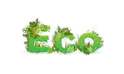 Vector illustration of word Eco with capital letters stylized as a rainforest, with green branches, leaves, grass and bushes next to them, isolated on white. Ecology environmental typeface, eco care