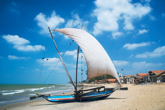 Oruwa traditional fishing sailboat at Negombo Beach, Negombo, Gampaha District, Occidental Province, Sri Lanka