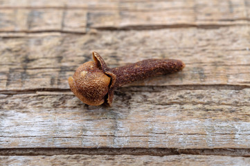 Fragrant spice cloves on a wooden background.
