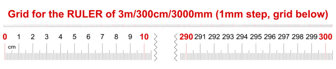 Ruler of 3000 millimeters. Ruler of 300 centimeters. Ruler of 3 meters. Calibration grid. 1 mm step, grid below.
