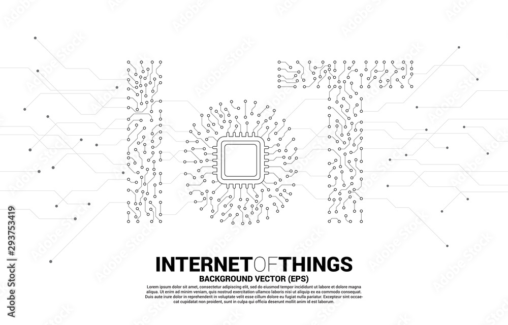 Poster CPU processor on center of IoT wording from Circuit dot and line graphic style. Concept for internet of Things Technology.