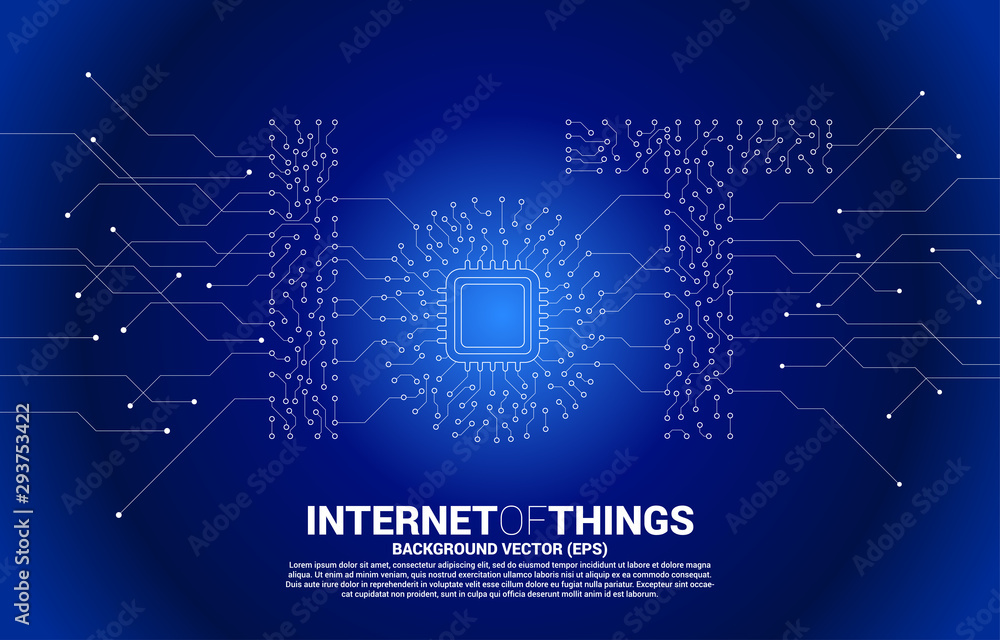Poster CPU processor on center of IoT wording from Circuit dot and line graphic style. Concept for internet of Things Technology.