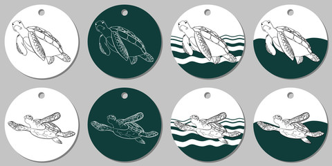 Round sticker template with sea turtle. illustration with white and turquoise stains on white background