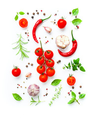 Tomatoes and various herbs and spices isolated on white background,