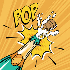 Champagne cork popping vector illustration. Alcohol drink pop art style.