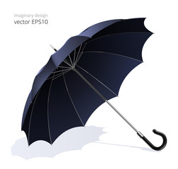 Open umbrella cane. 12 ribs and classic crook handle. Vector 3d realistic device. Generic retro design. Tilted rain umbrella is on a white background. Isolated object with a light shadow. High quality