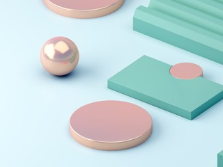 Minimal scene with podiums and abstract background. Geometric shape. Green, pink and blue colors scene. Minimal 3d rendering. Scene with geometrical and textured forms in cream background. 3d render. 
