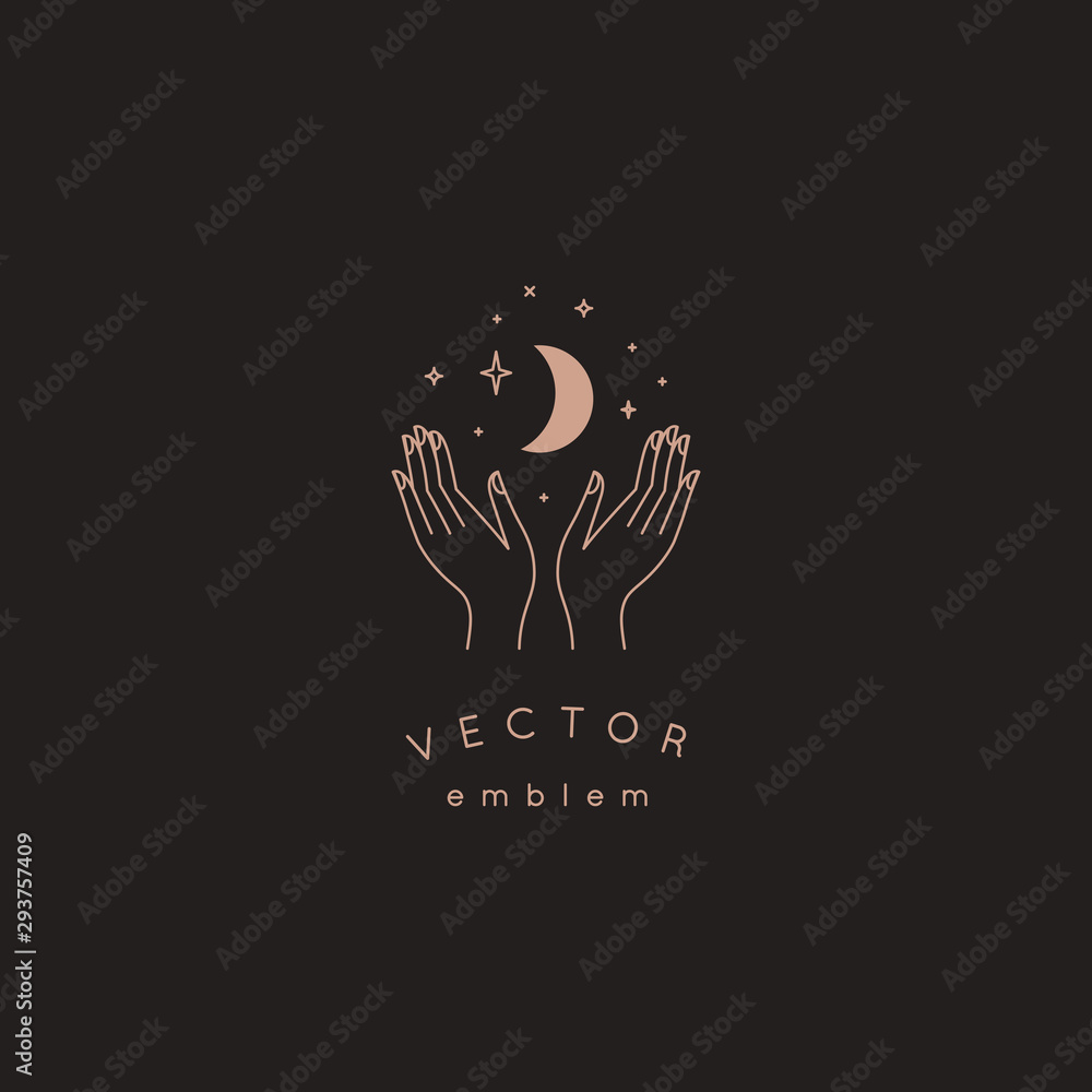 Poster Vector abstract logo design template in trendy linear minimal style - hands and stars