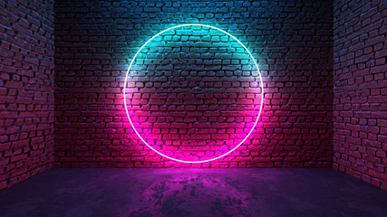 Circle shaped glowing neon frame on brick wall in dark room
