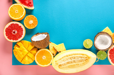 Composition with ripe fruits on color background