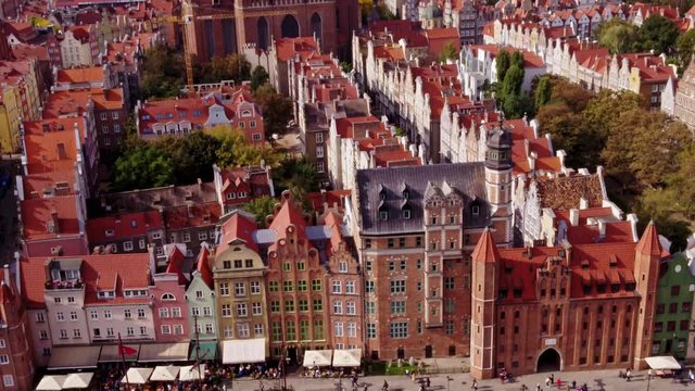 embankment in old town of Gdansk City . Aerial tilt down shot.