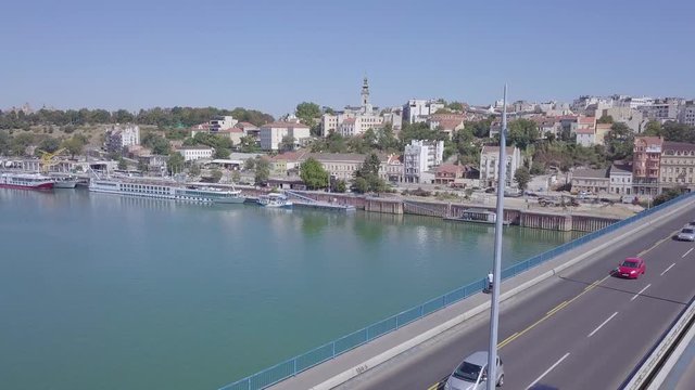 4k aerial opening shot showing Branko bridge and Kosancicev venac in Belgrade