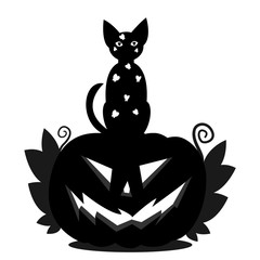 Halloween pumpkin head Jack and a cat sitting on his head. A silhouette of a pumpkin with an ominous smile, with leaves and a black cat with white butterflies.