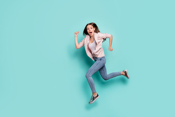Fototapeta na wymiar Full length body size view of her she nice-looking pretty attractive cheerful straight-haired lady storming running fast isolated over bright vivid shine blue green teal turquoise background