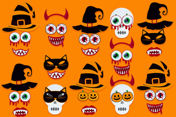 Set of funny faces of monsters, skulls with horns, witches with blood eyes, devils with vampire smiles, cats, on orange background. Party accessories, paper decor for celebration happy halloween.
