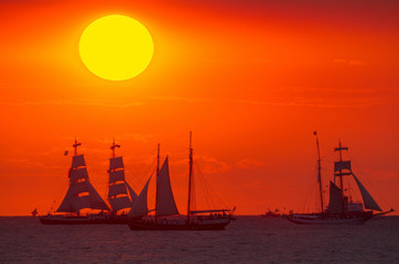 Regatta of traditional sailing ships 'Hanse Sail' on the Baltic Sea at sunset.