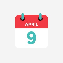 Flat icon calendar 9 of April. Date, day and month. Vector illustration.