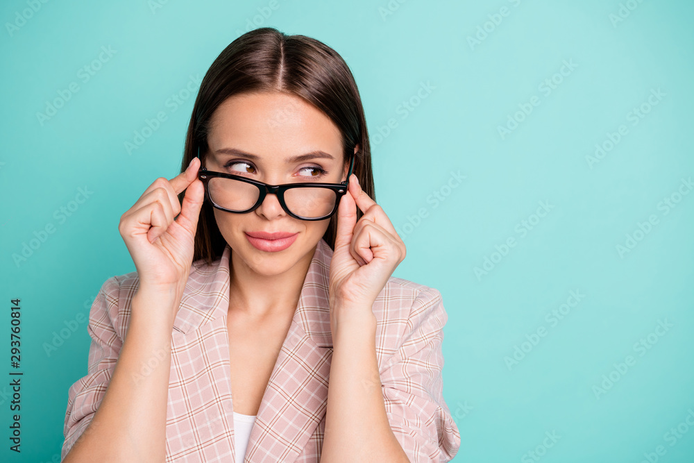 Sticker Close-up portrait of nice attractive lovely winsome lovable pretty cheerful girlish straight-haired lady peeking touching specs isolated over bright vivid shine blue green teal turquoise background