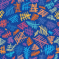 Fun and colorful abstract doodle seamless pattern - hand drawn sketches - great for folk modern wallpaper, textiles, backgrounds, invitations, packaging design projects. Vector surface pattern design.