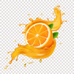 Juicy orange fruit in realistic orange juice splash - 293761212