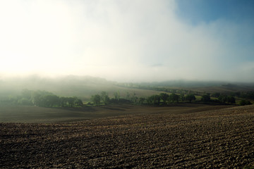 autumn on hill hills of tuscany italy during a foggy day morning