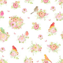 Seamless pattern with flowers Ranunculus, leaves, branches and cute colorful birds. Vector floral illustration in rustic style on white background.
