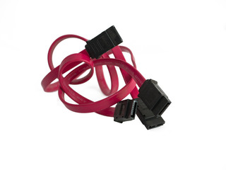 2 tangled red Harddisk SATA cable on white background isolated with clipping path