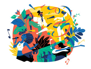 Poster for summer music festival, celebration, concert, holiday party. Different kinds of artists perform. Vector illustration