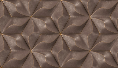 Fototapety  3D Wallpaper of brown geometry tiles with gold frayed edges.High quality seamless realistic texture.