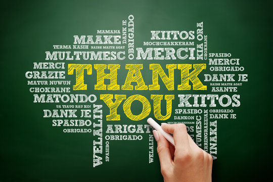 Thank You Word Cloud in many languages on blackboard