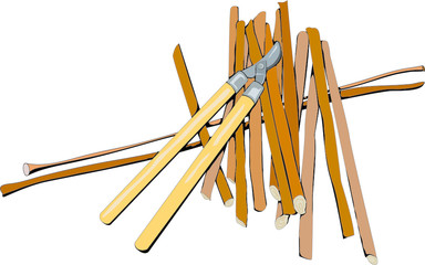 Baumschere und Holzstäbe