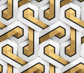 3D Wallpaper of white 3D panels geometric knot with black decor stripes and golden element. Shaded...