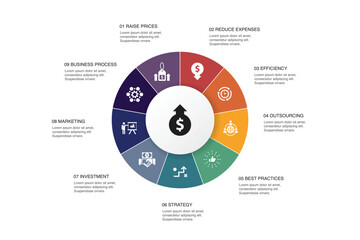 increase revenue Infographic 10 steps circle design. Raise prices, reduce expenses, best practices, strategy icons
