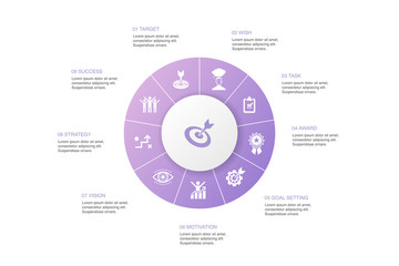 goal Infographic 10 steps circle design.target, wish, task, goal setting icons
