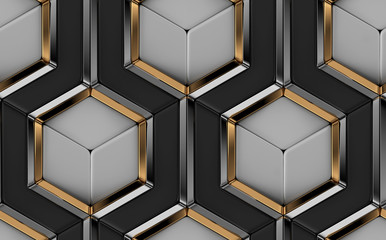 3D Wallpaper of 3D tiles made of white and black elements and gold with silver metal decor. High quality seamless realistic pattern.