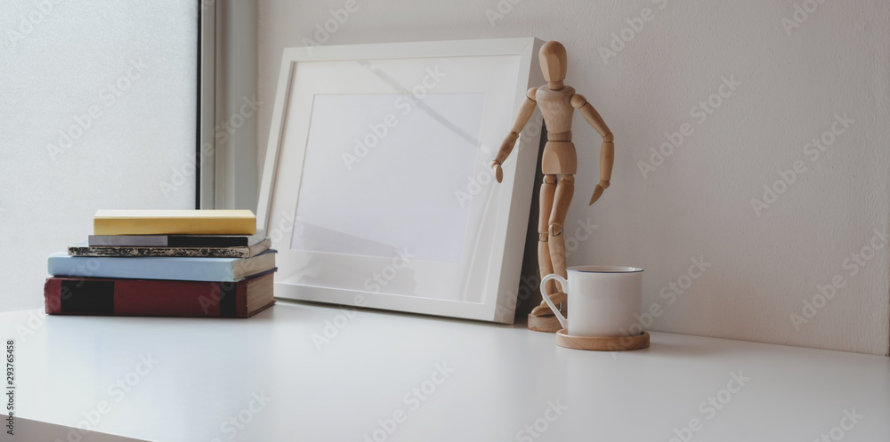Poster minimal workspace with mock up frame and copy space with decorations
