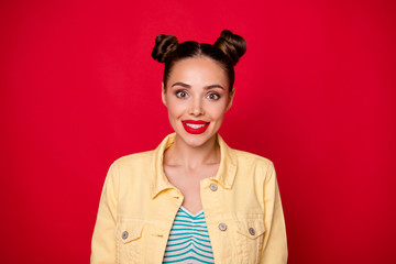 Photo of funny lady weekend mood wear casual outfit isolated bright red background