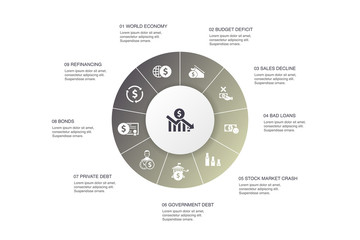 financial crisis Infographic 10 steps circle design.budget deficit, Bad loans, Government debt, Refinancing icons