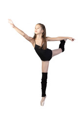 Young ballerina in black leotard posing on a isolated white background